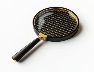Black magnifying glass with gold accents.  A detailed view through the lens reveals a complex, patterned interior