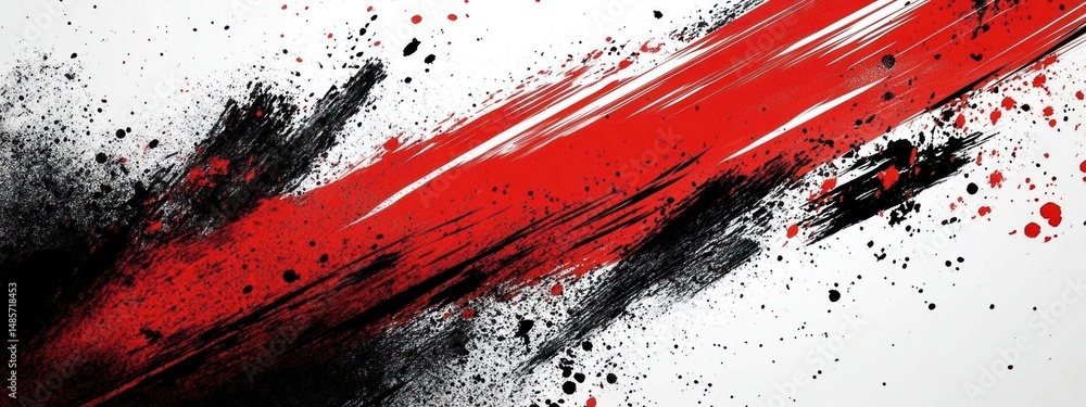 Poster abstract dynamic composition with bold red and black streaks splattered across a white background co