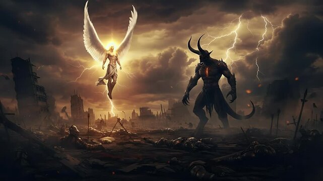 Winged Being Facing Horned Figure in Stormy Landscape