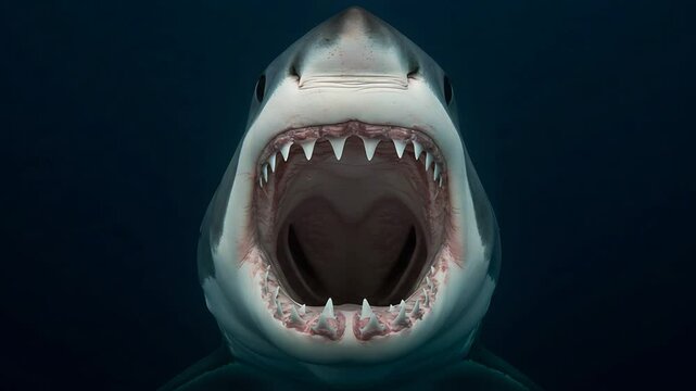 Great white shark open mouth exposing sharp teeth portrait front view
