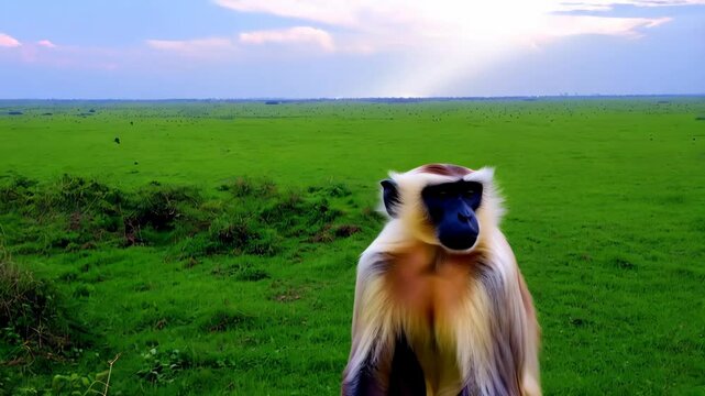 Gray Langur sitting on a rock with a green meadow and forest background, showing fur detail, and primate face.