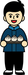 illustration of a chinese boy in traditional clothing holding a steamed buns