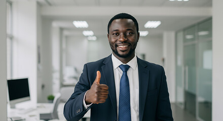 Fototapeta premium Confident African American Businessman Showing Thumbs Up in Modern Office