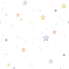Seamless pattern with hand-drawn watercolor featuring multicolored stars in soft pastel hues. This charming design repeats beautifully, adding a playful touch to any project. For children's design