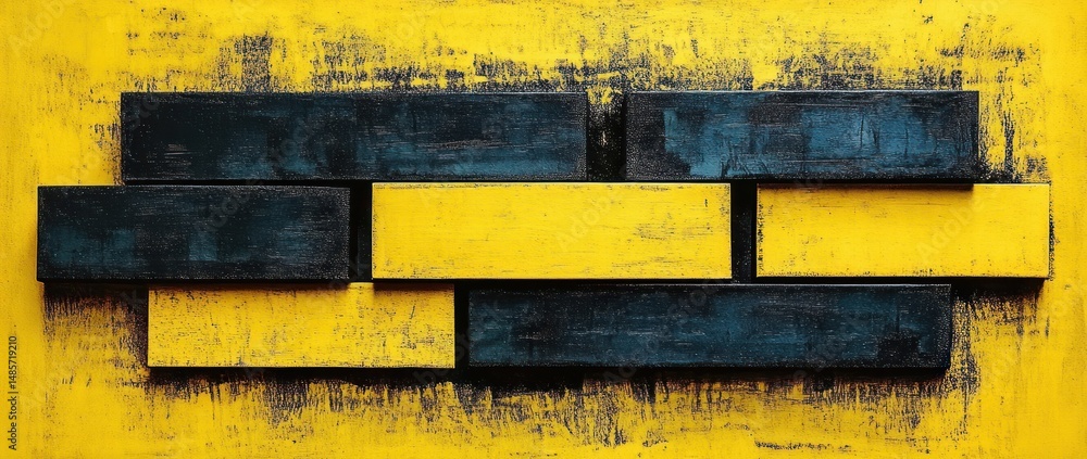 Poster abstract, textured wall with alternating horizontal black and yellow rectangular blocks creating a g