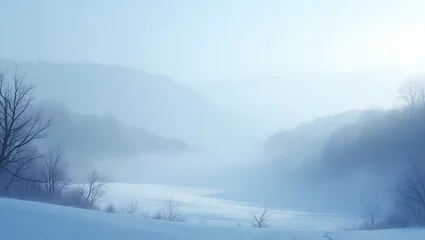 Fototapeten A stunning winter anime-style wallpaper featuring a serene snowy and foggy landscape © amrisyam