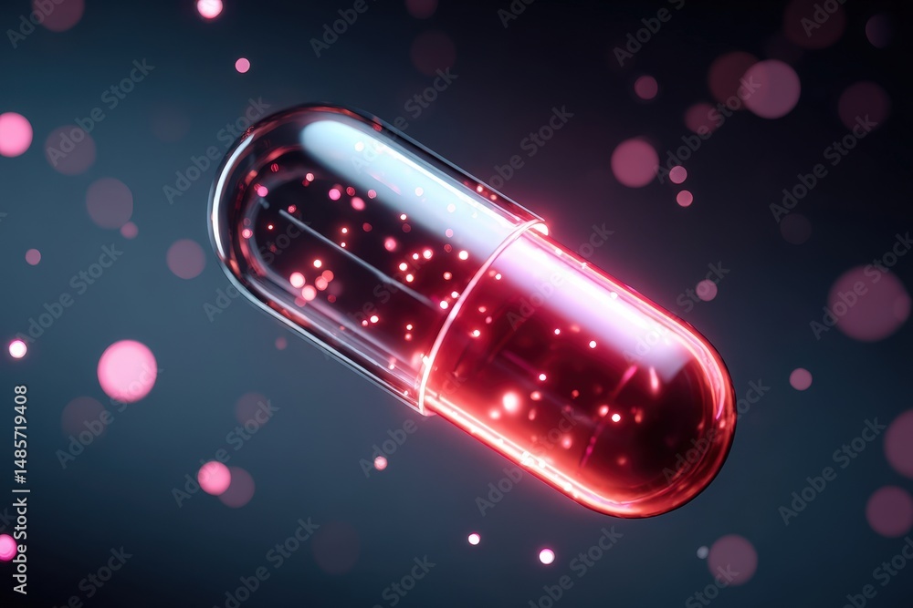 Poster stunning 3d render of a glowing red capsule shaped like a pill floating in a dark environment with b