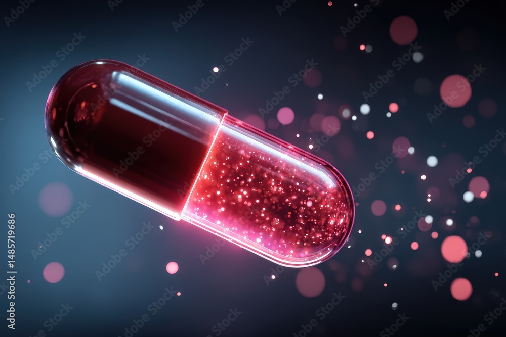 Poster 3d rendering of a glowing red pill capsule floating in space with sparkling bubbles and a dark backg