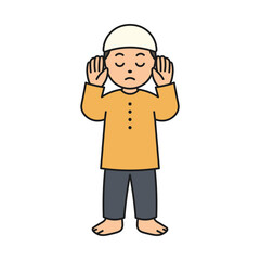 Muslim Boy in Prayer Pose – Takbiratul Ihram Islamic Worship Vector
