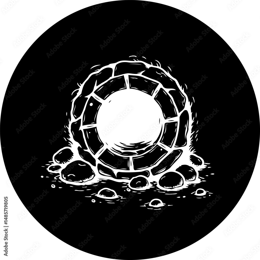 Poster monochrome emblem featuring a stylized well structure within a circular frame