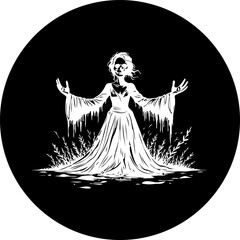 Ethereal female figure emerging amidst dark waters in monochromatic illustration