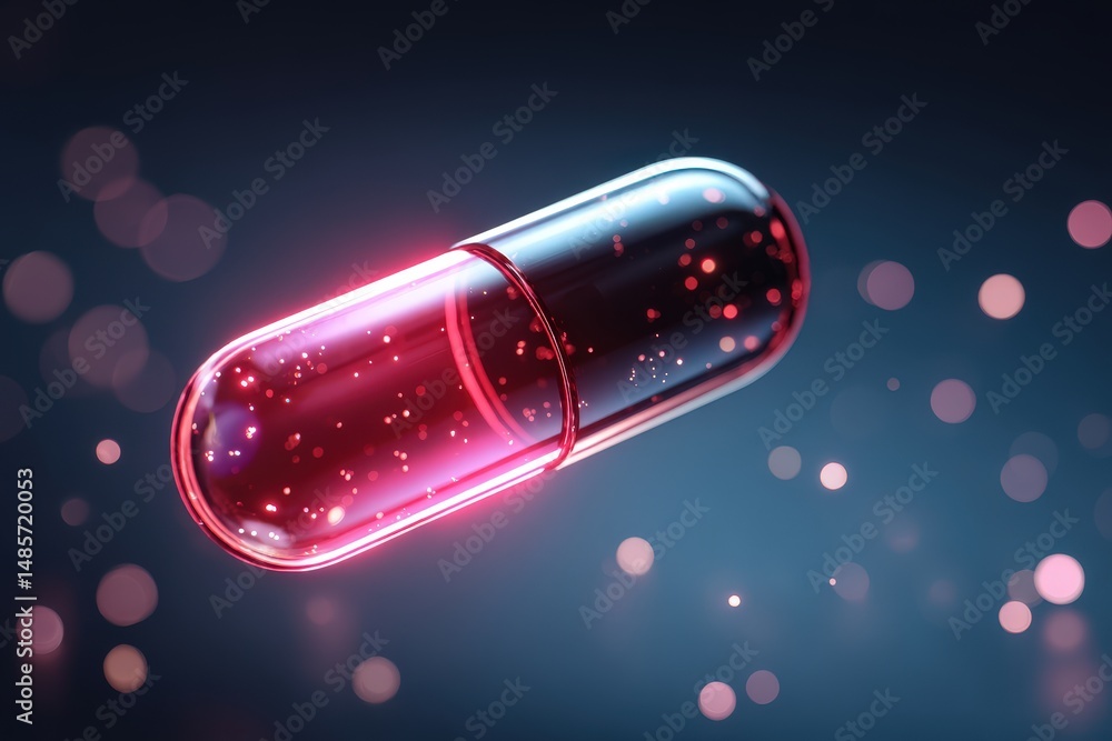 Poster glowing red capsule shaped pill floating in 3d with soft light effects and bokeh background