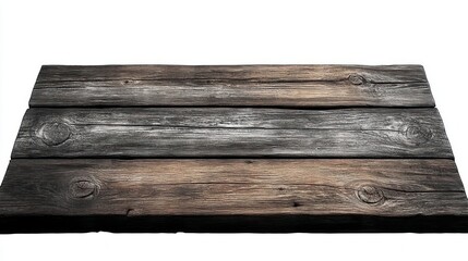 Close-up view of old weathered wooden planks with visible grain texture and knots isolated on a white background