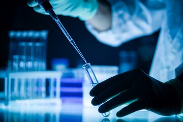 Close-up of gloved hands using a pipette to transfer liquid into a test tube in a laboratory setting, concept for medical research, scientific discovery, and laboratory analysis