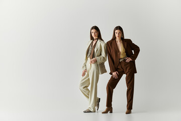 Stylish twin sisters showcasing their unique fashion choices in a modern setting