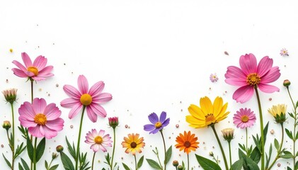 Delicate scattered wildflowers on white background, pastel, simple background, flower