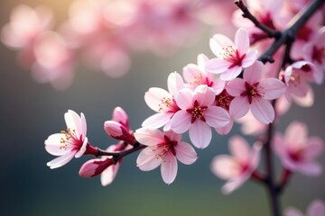 Obraz premium Delicate pink sakura blossoms, soft petals, gentle branches , spring pattern, japanese design
