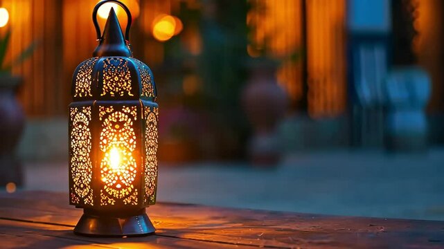 Arabic lantern with a burning candle glowing at night is an invitation for Ramadan Kareem