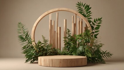 Wooden cylindrical product podium with natural leaves, neutral background, eco-friendly feel
