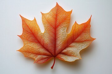 Vibrant autumn maple leaf with intricate veins on minimalist white background