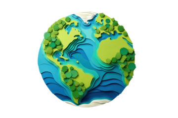 Paper Art World Map with Green Land and Blue Oceans, Environmental and Eco Concept
