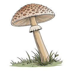 Detailed close-up of a tall parasol mushroom exhibiting a speckled brown cap and slender stem, showcasing its intricate texture and natural environment. © juni
