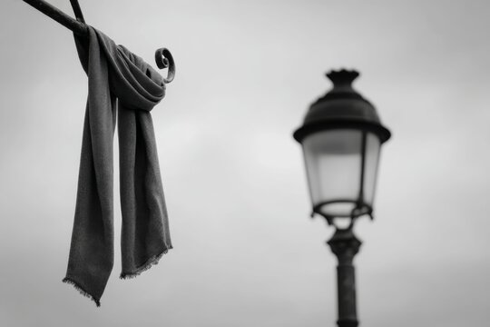 Lost scarf on ornate metal fixture near blurred vintage street lamp, monochrome photo evoking urban mystery