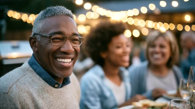 A joyful three-generation family gathering for a festive holiday meal in their backyard.