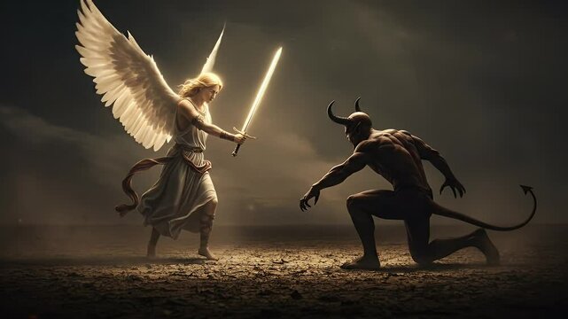 Angel Facing Demon with Sword in Dramatic Arena Light