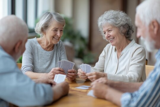Smiling senior adults enjoying card game at table, spending leisure time together, indoor activity and companionship - Powered by Adobe