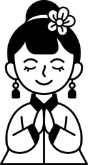 black and white illustration of a chinese girl in traditional dress bowing
