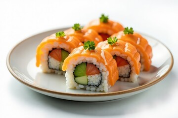 Elegant sushi arrangement on white background, minimalist, art, picture