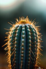 Naklejka premium Close-up of a green cactus with sharp golden spines illuminated by soft light and small water droplets, creating a serene and delicate atmosphere