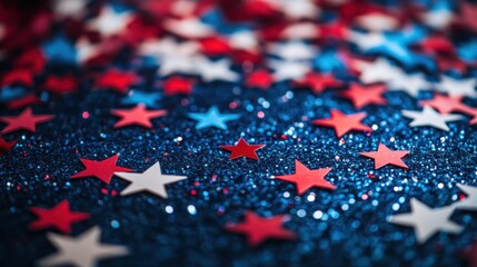 Fototapeta premium Red White Blue Stars on Glittering Blue Background