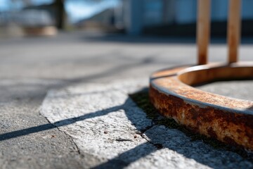 A close-up of a rusted circular object set in a concrete landscape, representing urban decay and the passage of time within a contemporary environment.