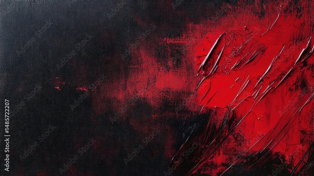 Poster abstract textured painting with bold red and black colors blending and contrasting with visible heav