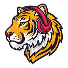 Fierce tiger head wearing a vibrant neon headset, engulfed in graffiti-style esports branding.  Detailed fur, intense gaze.