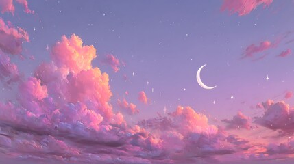 Dreamy Pink Sunset Sky Crescent Moon  Stars.