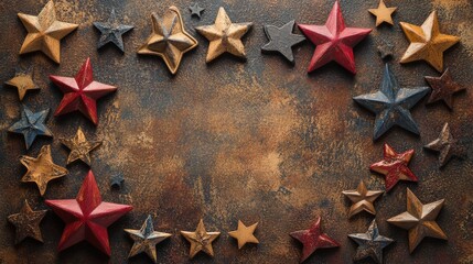 Rustic Red Blue Gold Stars Border on Brown Background