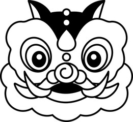 black and white illustration of chinese lion dance mask