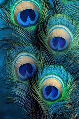 Close-up of vibrant peacock feathers with intricate eye patterns and iridescent blue, green, and gold hues, evoking a sense of natural elegance and beauty