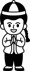 black and white illustration of a chinese boy in traditional chinese clothing bowing
