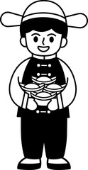 black and white illustration of a chinese boy holding ancient chinese money