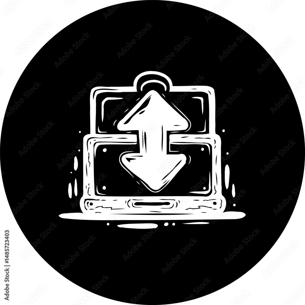 Poster stylized laptop icon displaying data upload and download process symbol