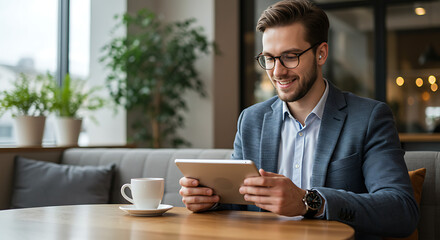 Obraz premium Smiling Businessman Working on Tablet in Modern Cafe
