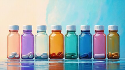 Row of eight translucent medicine bottles in various colors filled with different pills, arranged on a reflective surface against a two-tone pastel background evoking calmness and order