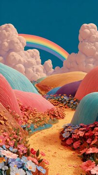 Vibrant pixel art landscape featuring a yellow path winding through colorful hills and flowers, under a rainbow and fluffy clouds. A cheerful, whimsical scene.