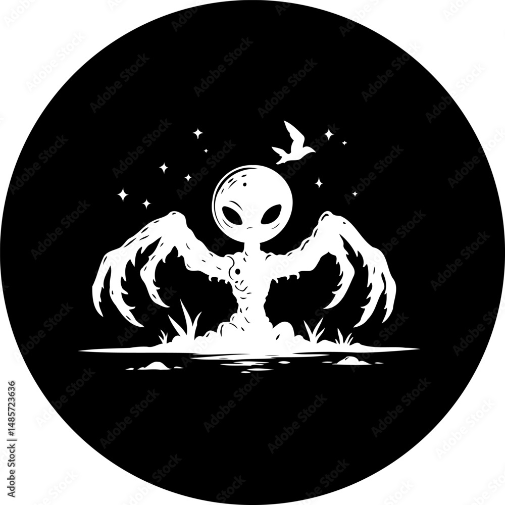 Poster monochrome surreal representation of a fantastical creature in a circular frame