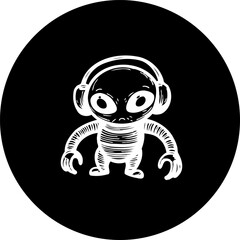 Stylized alien illustration wearing headphones centered on a black background