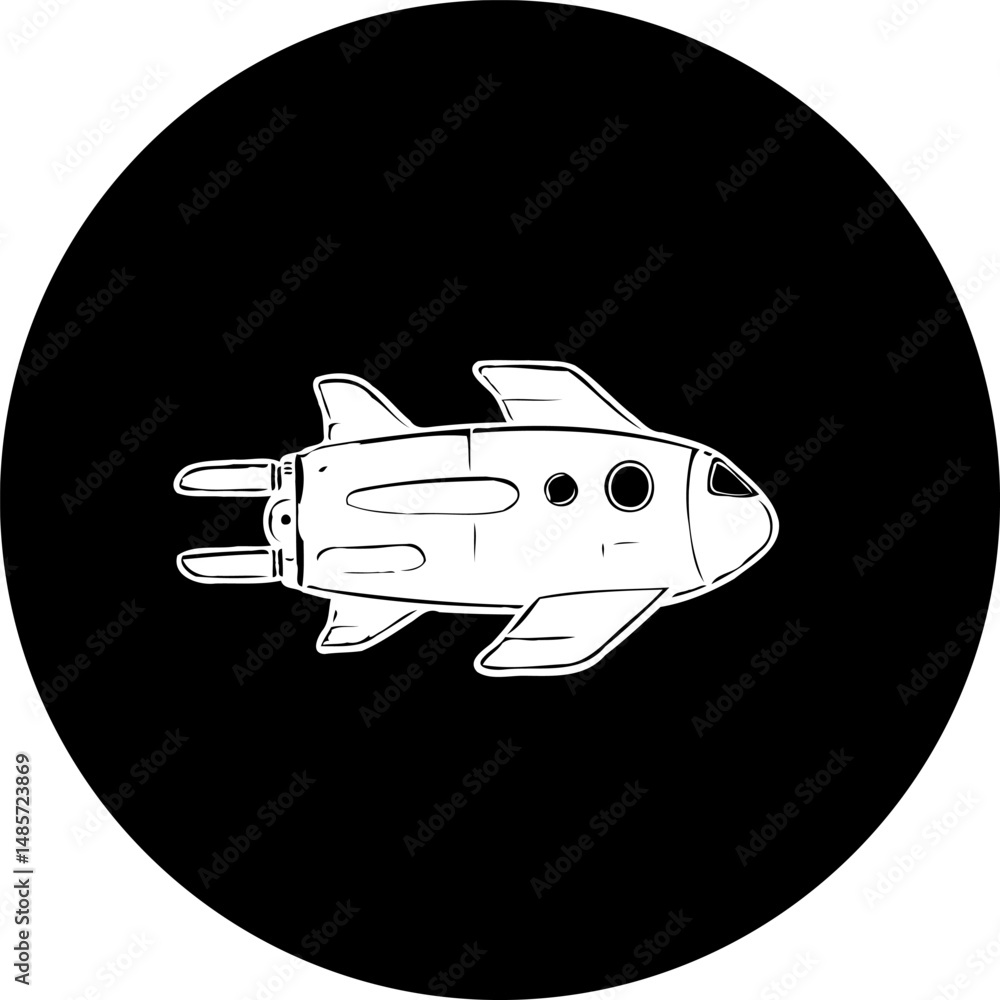 Poster stylized white spaceship sketch centered on a solid black circular backdrop